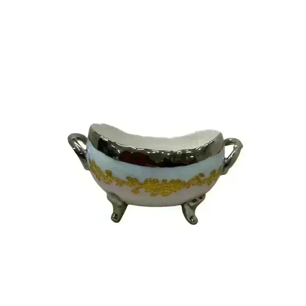Vintage T&V Limoges Hand Painted Roses Candy Dish RARE Pink/Blue/Gold/Silver